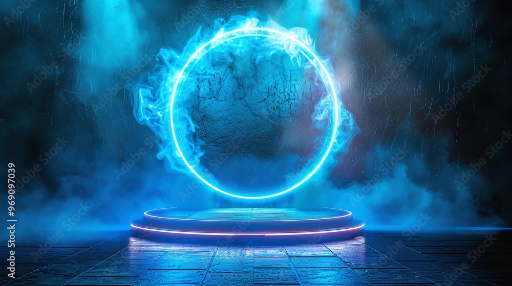 Poster virtual platform with a 3d podium and blue neon hologram screen, set in a futuristic cyberpunk space
