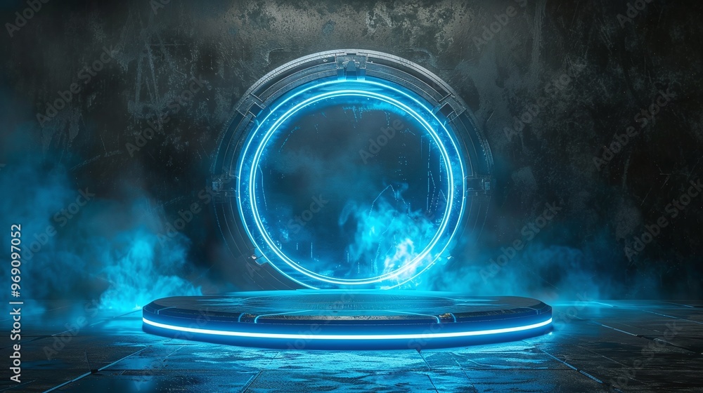 Poster virtual platform with a 3d podium and blue neon hologram screen, set in a futuristic cyberpunk space