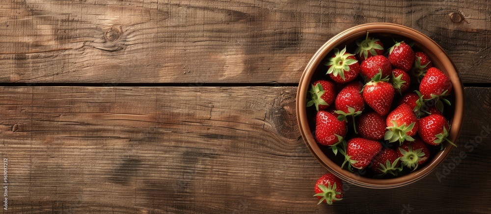 Aufkleber strawberry in a ceramic bowl on a wooden table background includes copy space for text insertion org