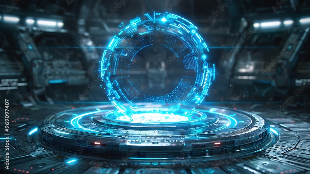 Poster virtual platform with a 3d podium and blue neon hologram screen, set in a futuristic cyberpunk space