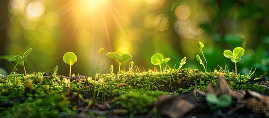 Obraz premium Young sprouts stretch towards the sun in a forest clearing Green spring backdrop Selective focus Area for text Natural green texture. with copy space image. Place for adding text or design