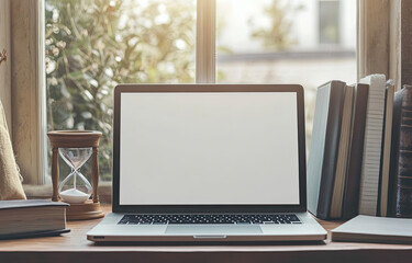 A close-up of an open laptop with a blank screen on a desk near a window, surrounded by books and decorations. Created with Ai