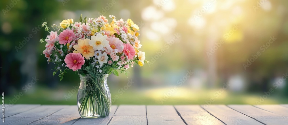 Poster a bouquet of flowers in a vase placed on an outdoor table. with copy space image. place for adding t