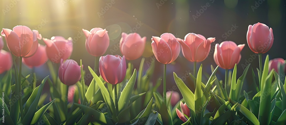 Aufkleber Delicate spring tulips bloom in the garden with pink tulips set against the garden background. with copy space image. Place for adding text or design