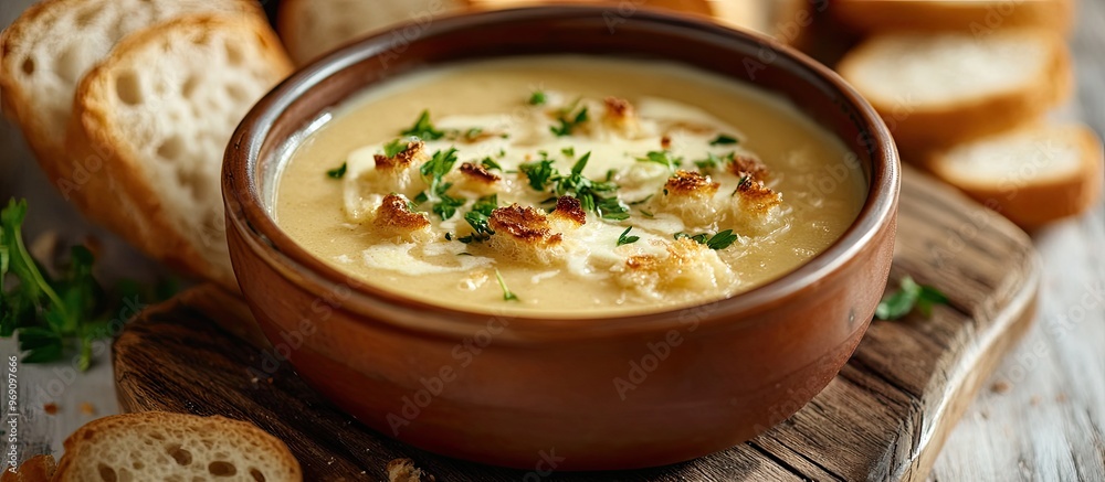 Poster dinner featuring creamy soup and bread. with copy space image. Place for adding text or design