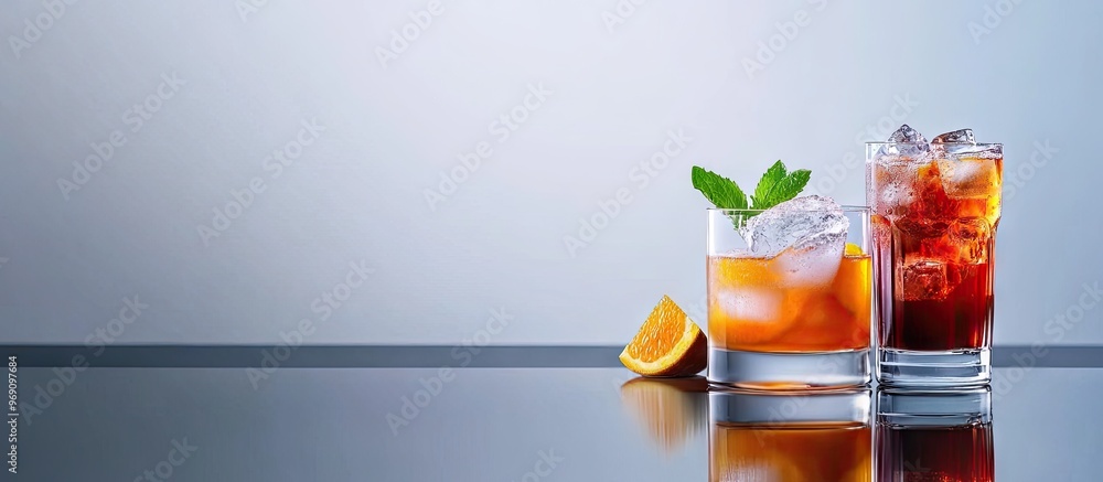 Poster alcoholic cocktails on a reflective surface. with copy space image. place for adding text or design