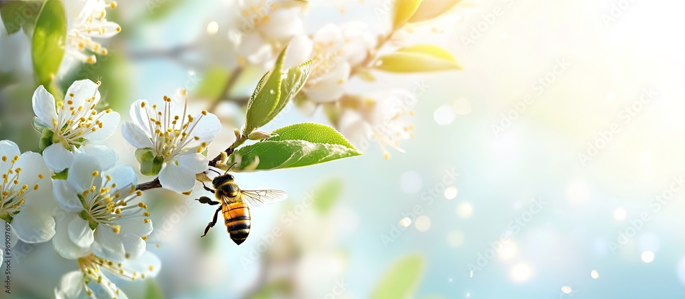 Poster a bee pollinates a flower on a fruit tree in early spring spring backdrop. with copy space image. pl