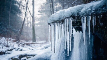 Icicles and Frozen Waterfall in a Snowy Winter Forest