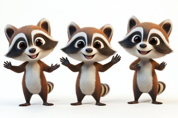Obraz premium Set of 3D cute happy cartoon racoon, isolated on white background