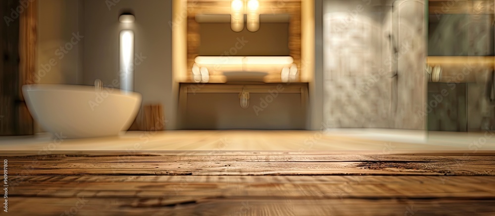 Poster Tabletop with a blurred bathroom in the background. with copy space image. Place for adding text or design