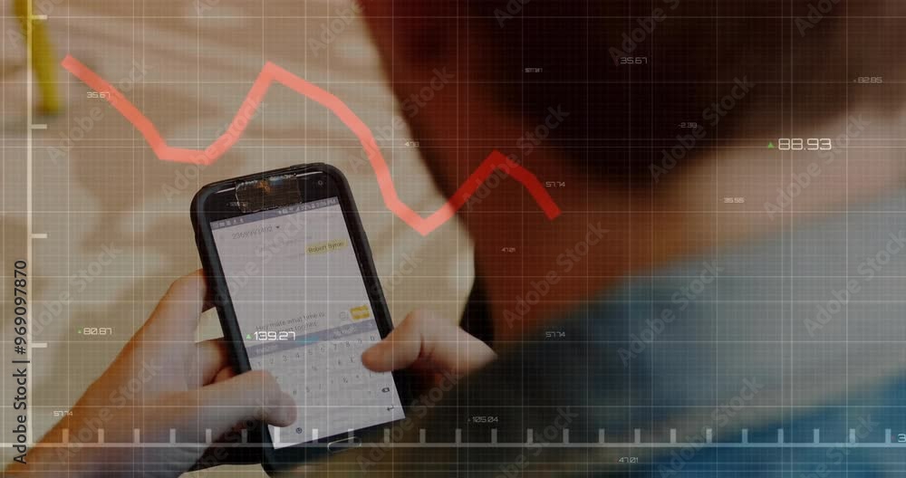 Aufkleber animation of financial data processing over caucasian man using smartphone