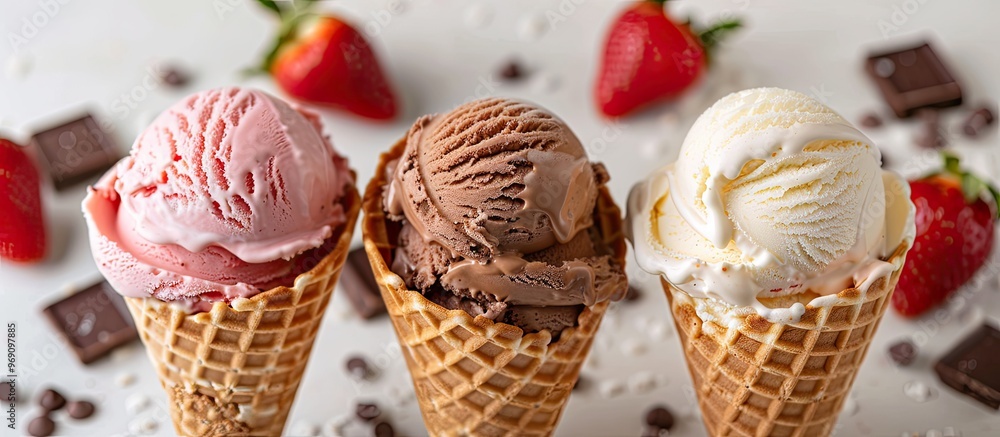 Poster A selection of ice cream scoops in cones featuring chocolate vanilla and strawberry flavors. with copy space image. Place for adding text or design