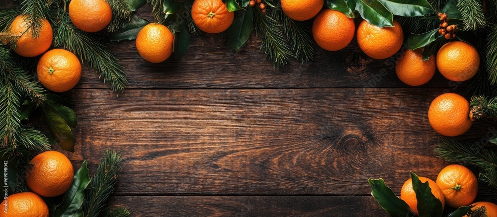 Fototapete Fir branches and tangerines on a wooden surface Christmas and New Year theme Space for text. with copy space image. Place for adding text or design