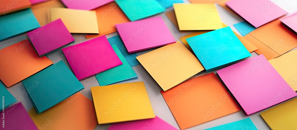 Poster Colorful sticky note sheets for messaging and notes against a white background. with copy space image. Place for adding text or design