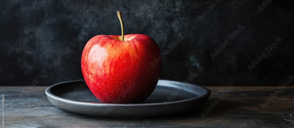Poster fresh sweet single apple on a grey plate against a dark black textured background viewed from an ang