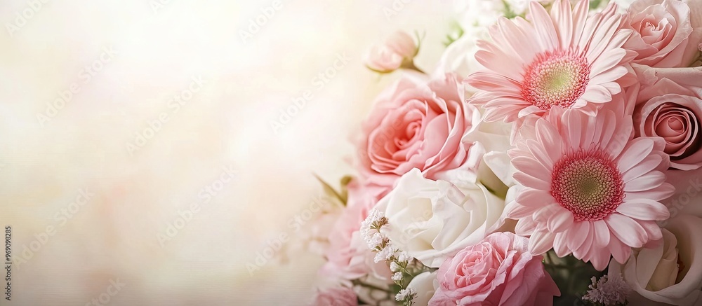 Fototapete close up of a bouquet of lovely flowers on a light background space for text. with copy space image.