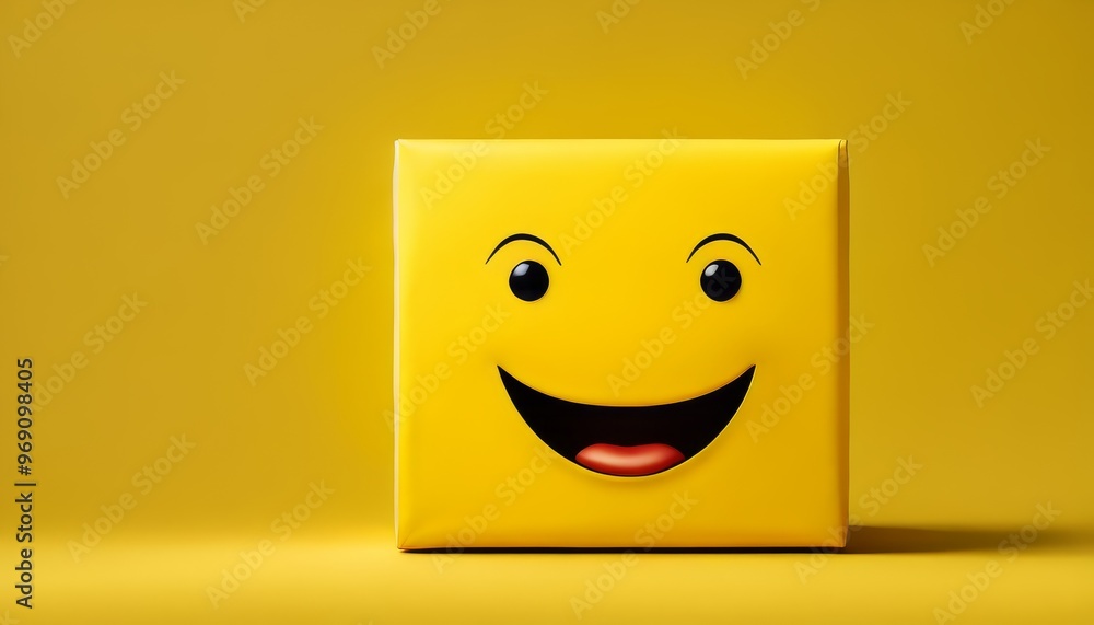 Poster 3d illustration of a yellow smiling square emoji with big eyes and an open mouth on a yellow backgro