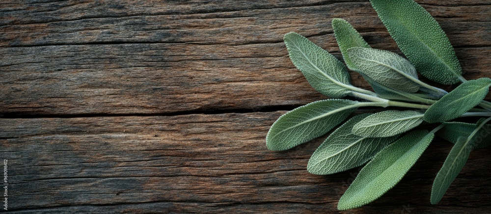 Aufkleber sage fresh spice leaves on aged wood macro. with copy space image. Place for adding text or design
