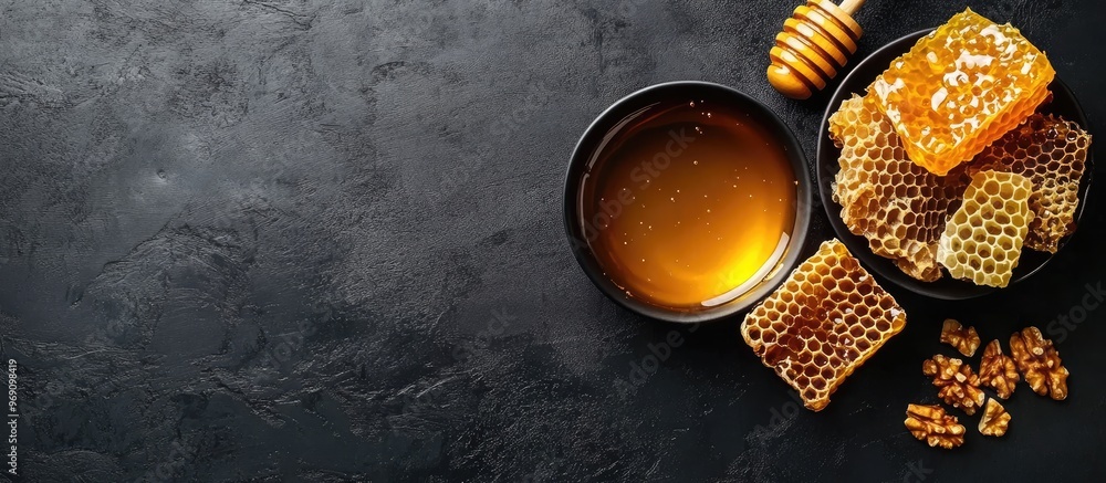 Poster fresh honey for dessert bowl of honey honeycomb and nuts on a black table top view copyspace