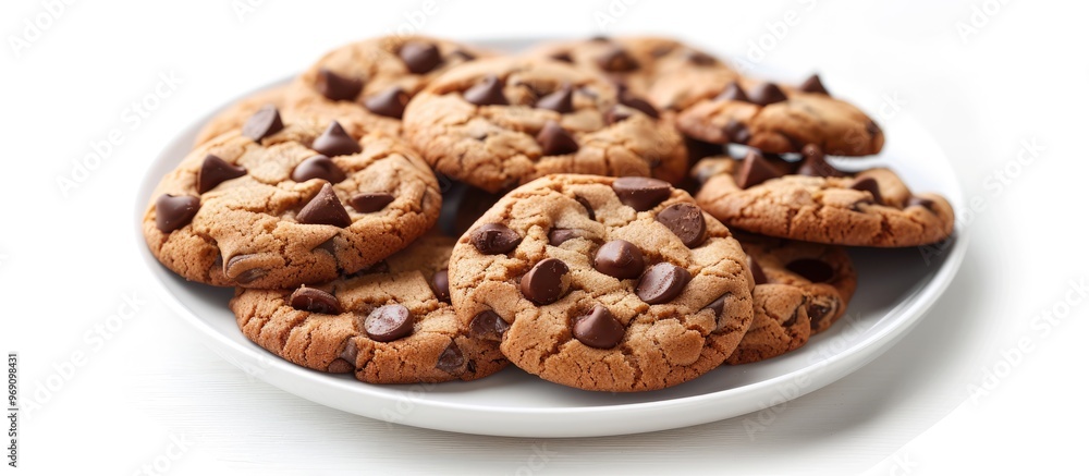 Poster Chocolate chip cookies on a plate isolated against a white background. with copy space image. Place for adding text or design
