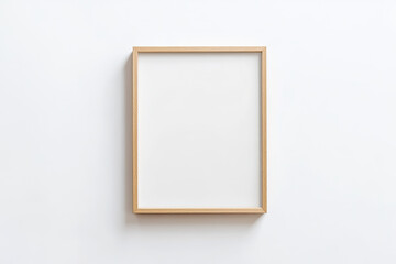 Minimalist mockup of an empty wooden frame with dried flowers on the left, leaning against a white wall. Created with Ai