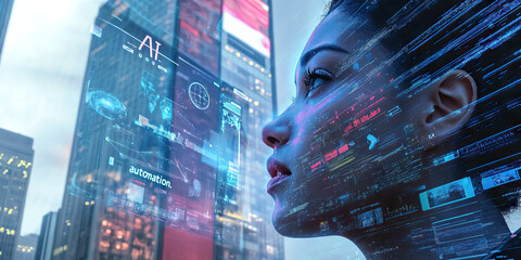 Tech Transformation: A futuristic cityscape, with a holographic businesswoman speaking into a phone showing "AI" and "automation."