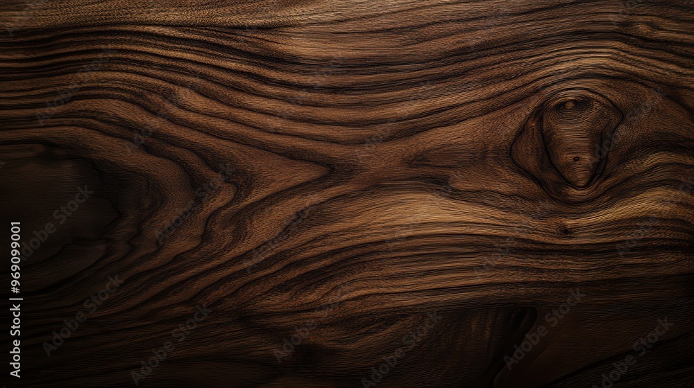 Poster a close-up view of dark wood grain showcasing intricate patterns and textures.