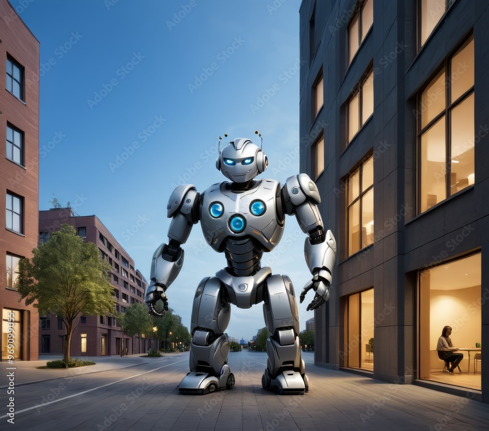 Poster a massive robot stands in the middle of a modern urban street lined with buildings, with people visi