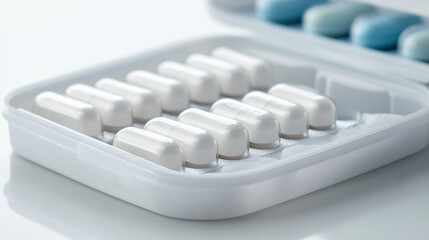 Blister pack of white capsules in a plastic tray, representing pharmaceutical packaging, healthcare, and medication organization on a bright, clean background