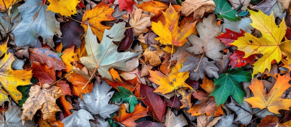 Leinwandbilder closeup of vibrant green yellow orange and red dried maple leaves scattered on the ground autumn in 