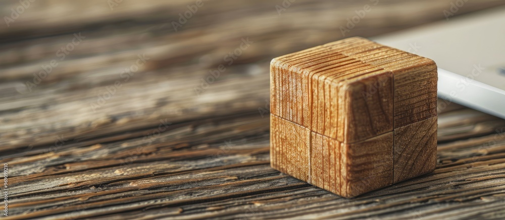 Aufkleber Plain wooden cube on a laptop Selective focus on the wooden cube block on the laptop keyboard. with copy space image. Place for adding text or design