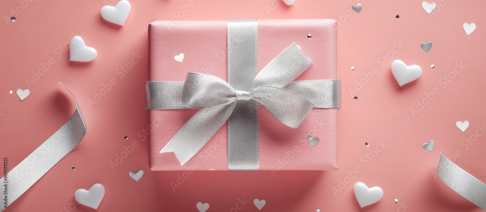 Poster pink craft wrapping paper with a white hearts pattern silver ribbon romantic present. with copy spac