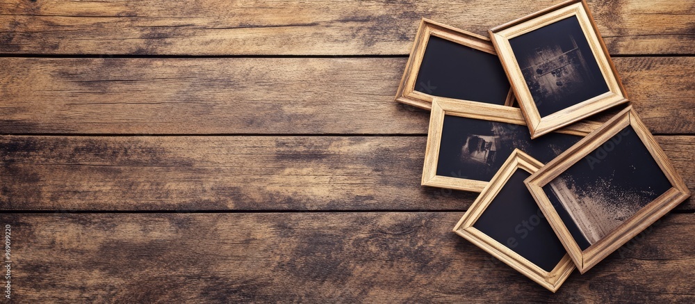 Poster retro vintage empty photo frames on an old wooden background top view with copyspace toned concept