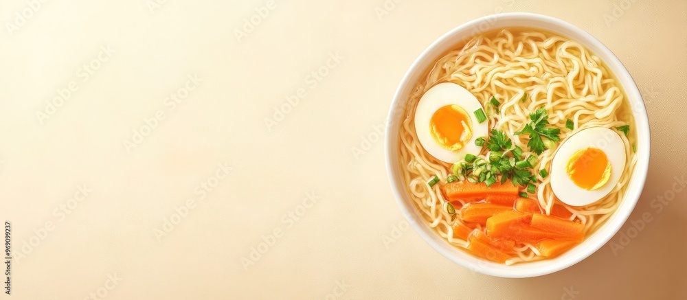 Leinwandbilder Homemade Oriental Ramen noodle soup featuring egg carrot onion and parsley Vegan dish Nutritious meal. with copy space image. Place for adding text or design