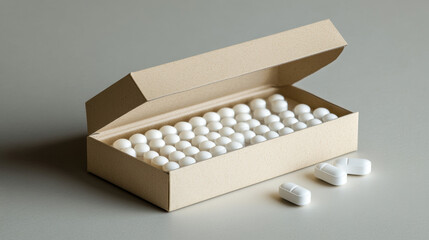 Open cardboard box filled with neatly arranged white pills on a neutral background, representing pharmaceutical storage and medication packaging concept