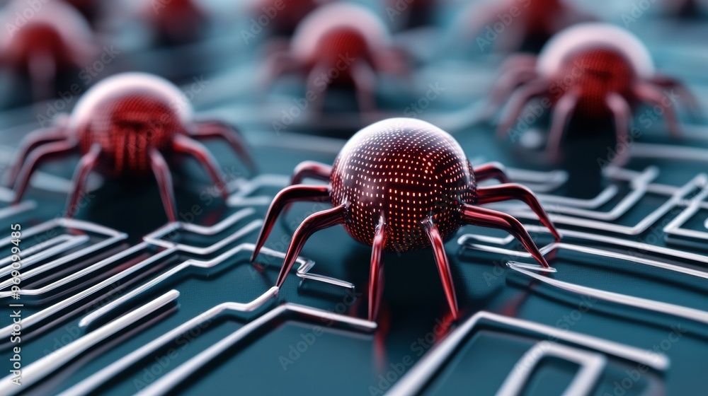 Poster a group of red computer viruses e on top of a circuit board, ai