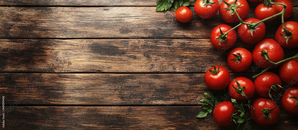 Poster ox heart tomatoes on a rustic wooden background with copyspace for text top view