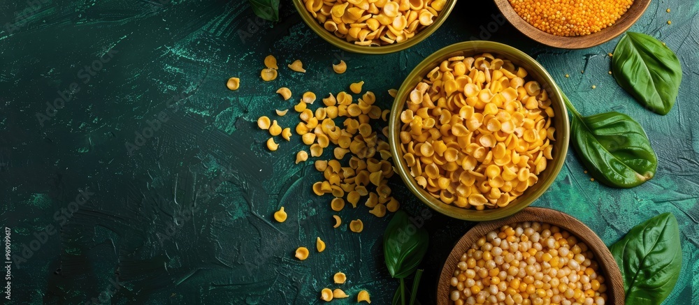Poster Flat lay featuring a square arrangement of corn flakes on a green background Top view of a heap of corn flakes. with copy space image. Place for adding text or design