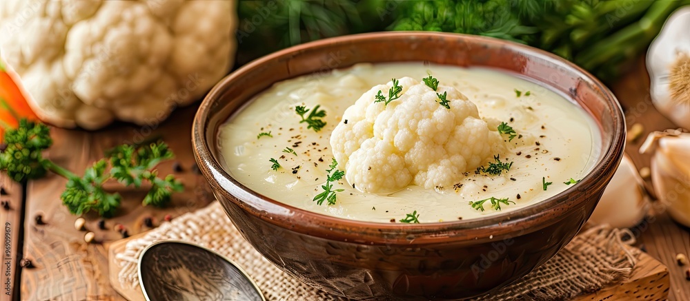 Poster cauliflower soup with vegetable broth first course nutritious meal diet snack on the table copyspace