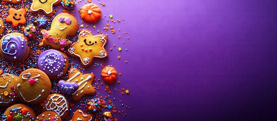 Vibrant Halloween gingerbread cookies set against a sweet background Homemade biscuits shaped with cookie cutters decorated with sugar sprinkles and candies Colorful Halloween treats arranged in a fl