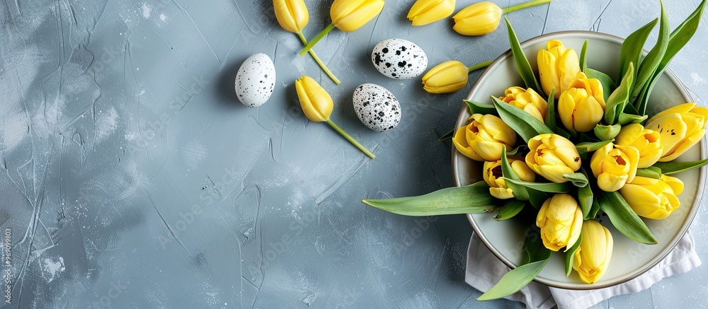 Poster a bouquet of fresh yellow tulips in a white jug with a gray plate featuring decorated easter eggs on