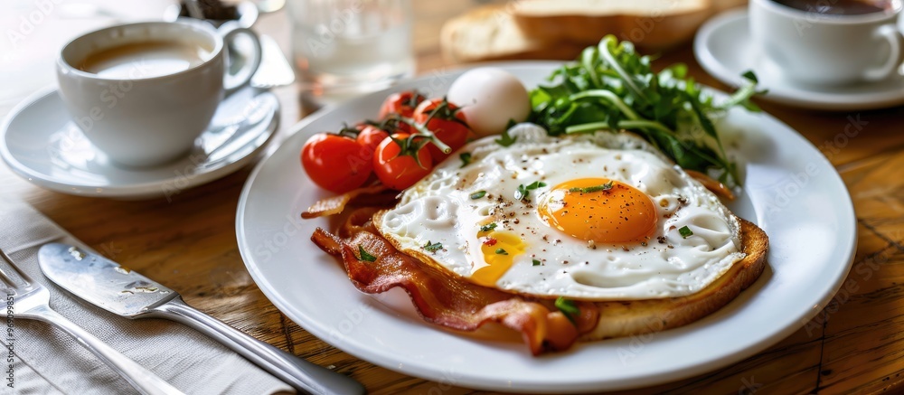 Poster Nutritious breakfast on a white plate. with copy space image. Place for adding text or design