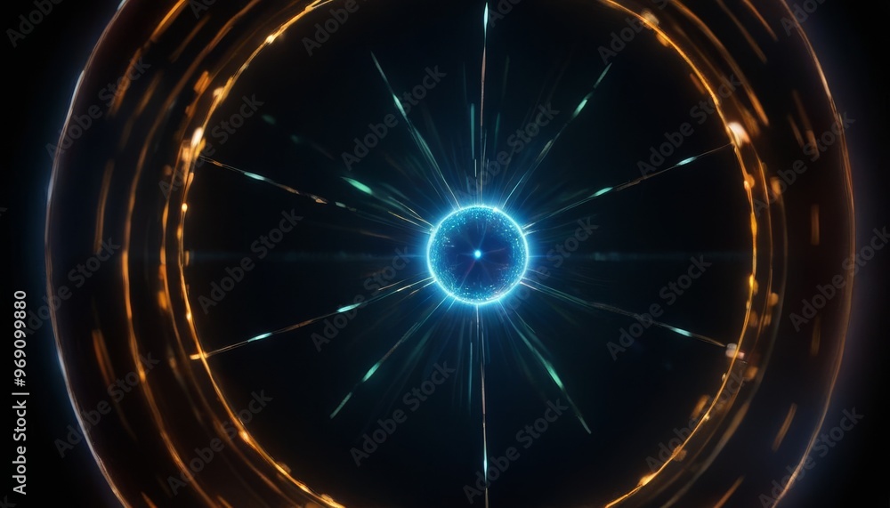 Poster a futuristic depiction of a glowing atomic nucleus surrounded by orbiting particles, representing ad