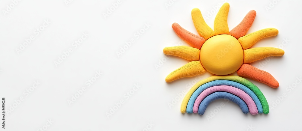 Aufkleber Plasticine rainbow and sun on a white background top view. with copy space image. Place for adding text or design