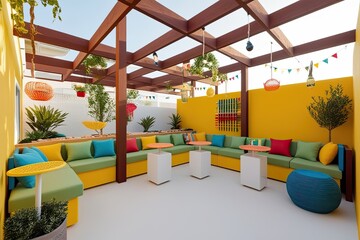 Fototapeta premium 3D Cheerful Patio Design with Creative Ambiance Interactive Materials and Clean White Surface