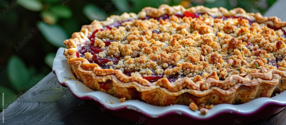 Leinwandbilder close up of a homemade plum pie topped with pistachio crumble placed on a baking tray outside. with 