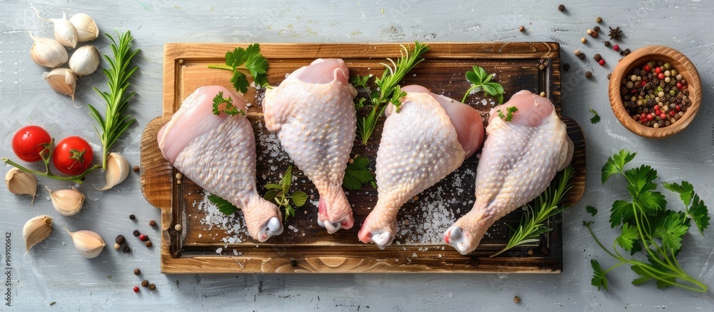 Poster fresh raw chicken thighs and legs on a cutting board with spices being prepared for cooking gray bac
