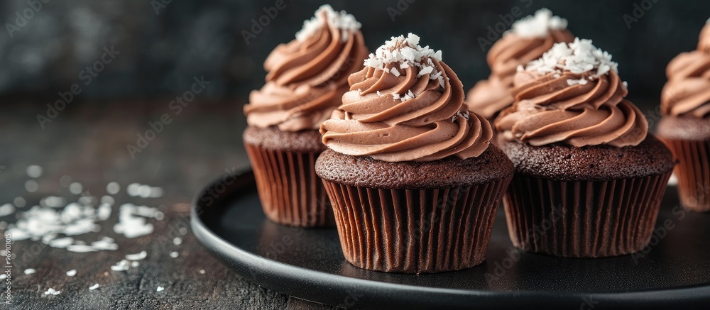 Poster sweet chocolate pastry cupcakes topped with cocoa frosting and buttercream on a black plate set agai