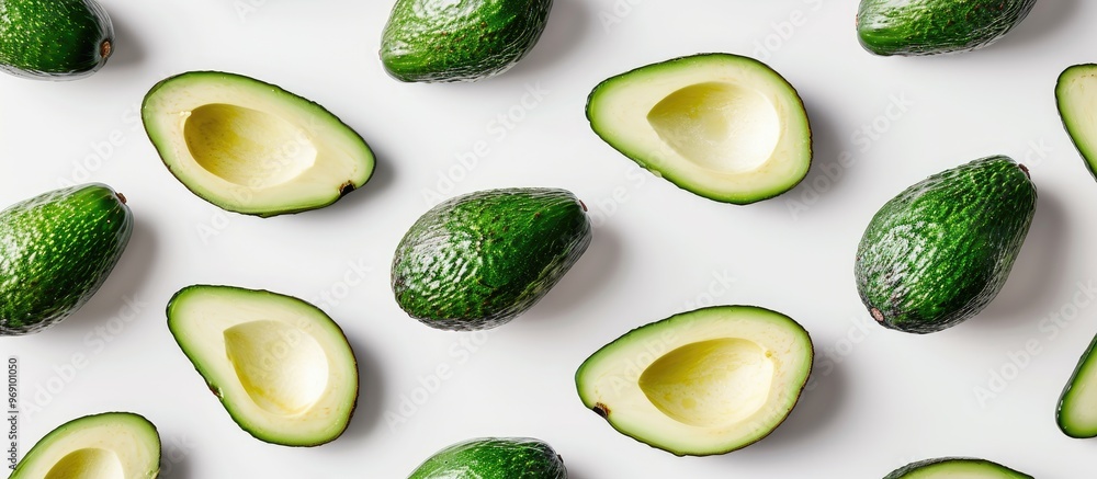 Aufkleber Flat lay arrangement featuring ripe avocados against a white background with space for text Top view. with copy space image. Place for adding text or design