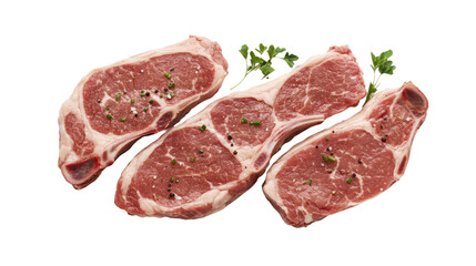 Top view of juicy pork steaks, full-length, isolated on transparent background, perfect for culinary presentations"